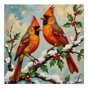 Vintage Cardinal Pair on Snowy Holly Branch Poster