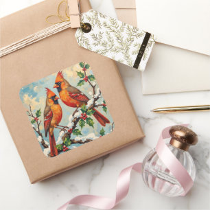 Vintage Cardinal Pair on Snowy Holly Branch Square Sticker