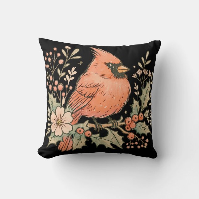 Vintage Cardinal with Winter Florals  Cushion (Front)