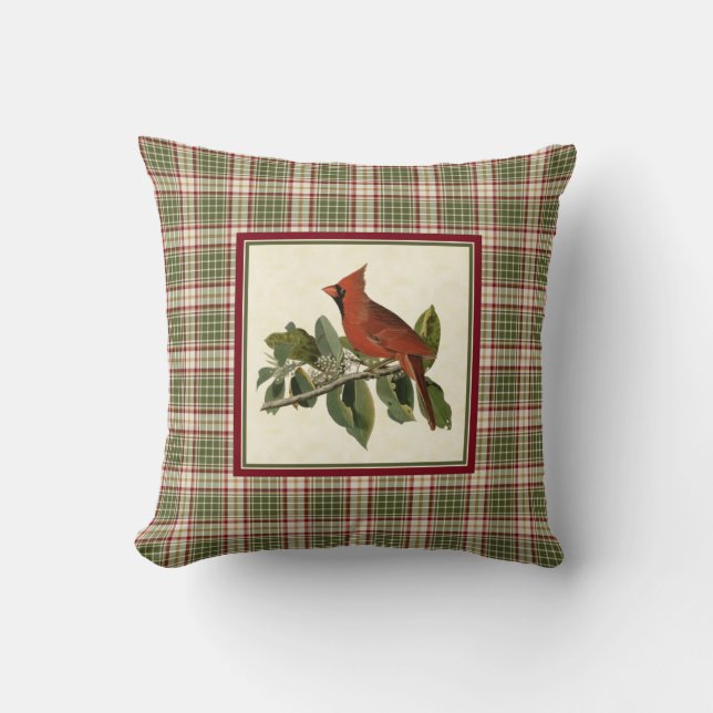 Vintage Cardinal Woodland Christmas Plaid Pattern Cushion (Front)