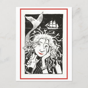 Vintage Carefree Mermaid Illustration Postcard