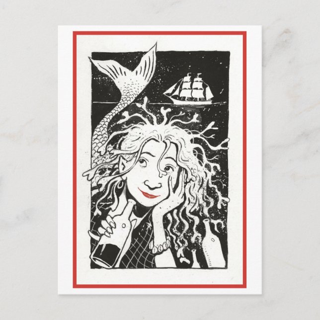 Vintage Carefree Mermaid Illustration Postcard (Front)