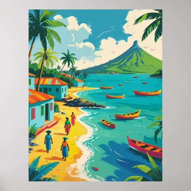 Vintage Caribbean island life scene colourful Poster (Front)