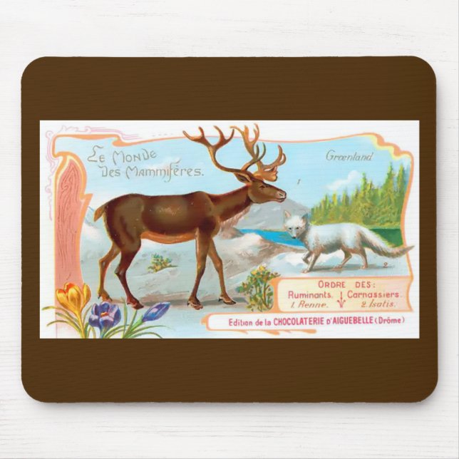 Vintage Caribou (Reindeer) and Arctic Fox Mouse Mat (Front)
