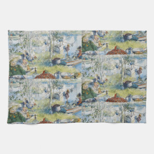 Vintage Carl Larsson Cray Fishing With The Family Tea Towel