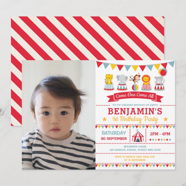 Vintage Carnival Circus Animals 1st Birthday Photo Invitation (Front/Back)