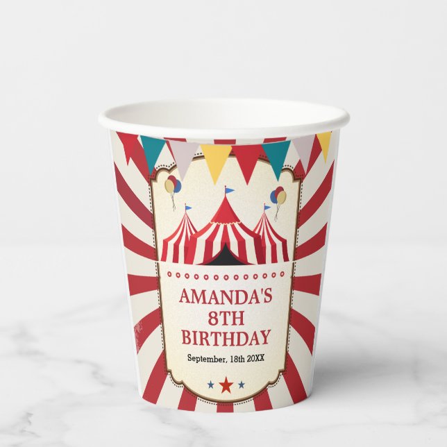 Vintage Carnival Circus Birthday Party Paper Cups (Back)