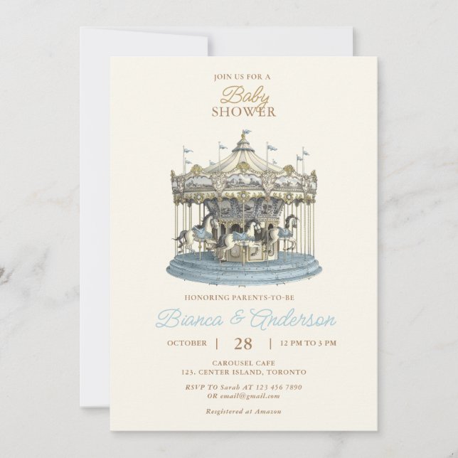 Vintage Carousel Baby Shower Invite in Blue (Front)