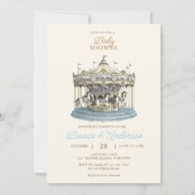 Vintage Carousel Baby Shower Invite in Blue