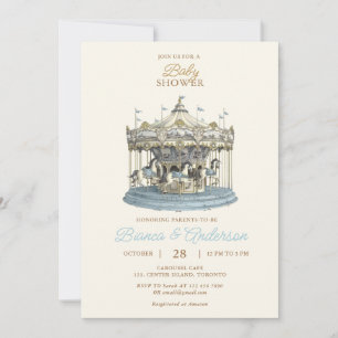 Vintage Carousel Baby Shower Invite in Blue