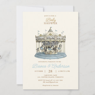 Vintage Carousel Baby Shower Invite in Blue