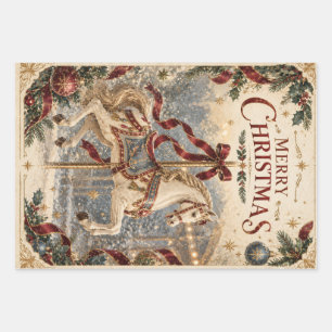 Vintage Carousel Horse Christmas , Elegant Holiday Wrapping Paper Sheet