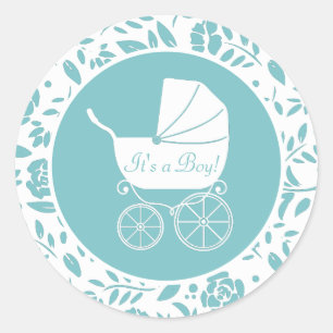 Vintage Carriage Baby Shower Cute Blue Boy Classic Round Sticker