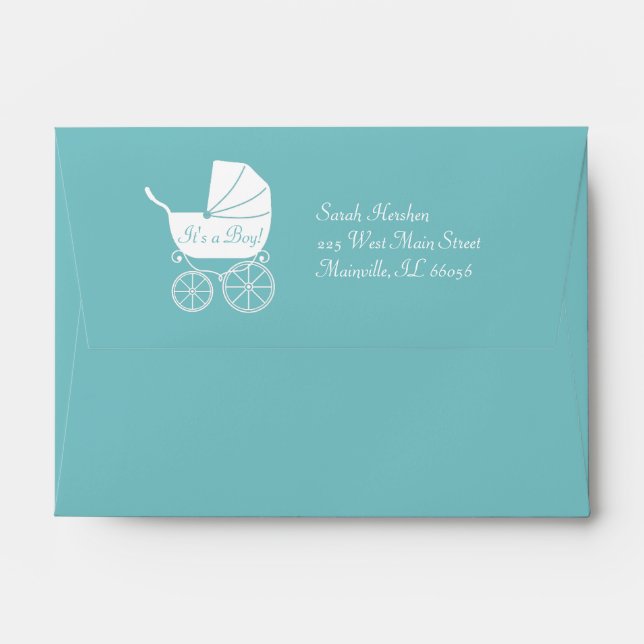 Vintage Carriage Baby Shower Cute Blue Boy Envelope (Back (Top Flap))