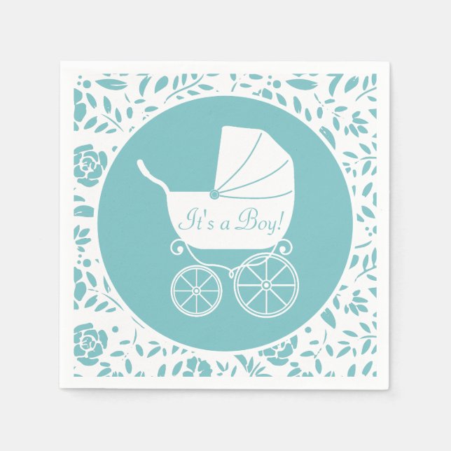 Vintage Carriage Baby Shower Cute Blue Boy Napkin (Front)