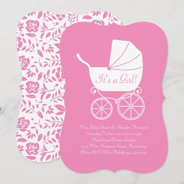 Vintage Carriage Baby Shower Cute Pink Girl Invitation (Front/Back)