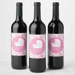 Vintage Carriage Baby Shower Cute Pink Girl Wine Label