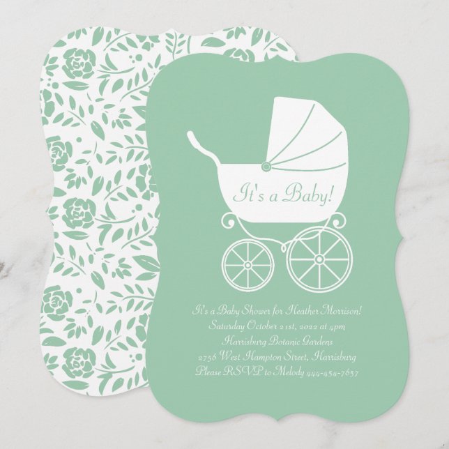 Vintage Carriage Baby Shower Green Gender Neutral Invitation (Front/Back)