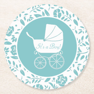 Vintage Carriage Baby Shower Round Paper Coaster
