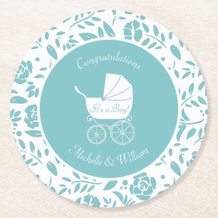 Vintage Carriage Baby Shower Round Paper Coaster
