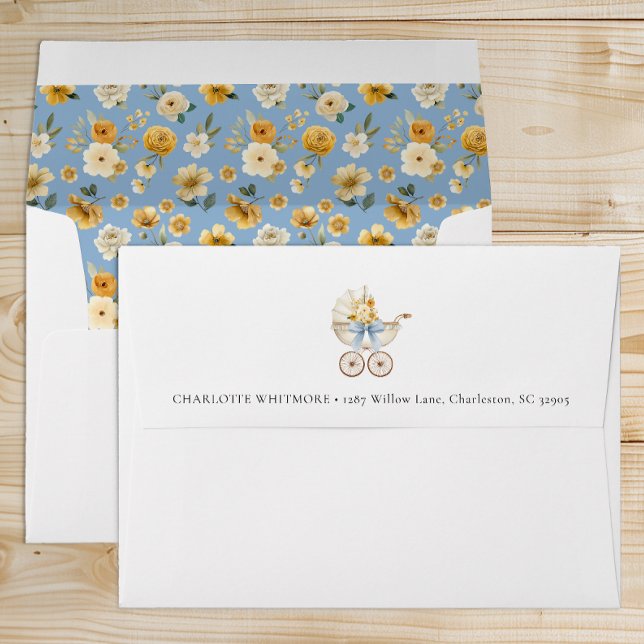 Vintage Carriage Blue Envelope with Floral Liner (Vintage Pram Baby Shower Envelope)