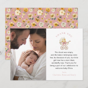 Vintage Carriage Blush Floral Photo Thank You Card