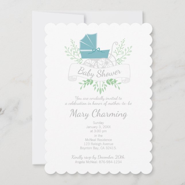 vintage carriage boy BABY SHOWER blue pram Invitation (Front)