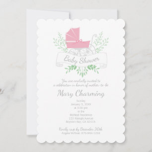 vintage carriage girl BABY SHOWER pink pram Invitation