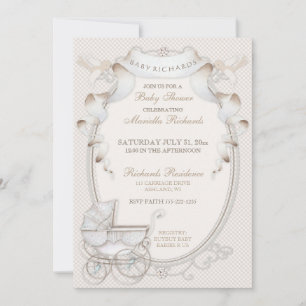 Vintage Carriage Ivory Creme Gingham Birds Invitation