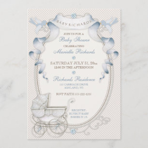 Vintage Carriage Ivory Gingham Blue Birds Invitation