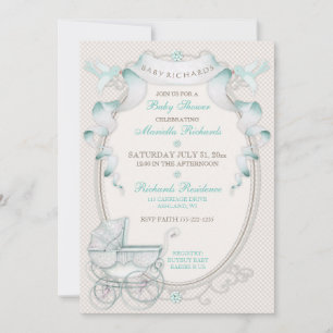 Vintage Carriage Ivory Mint Gingham Birds Invitation