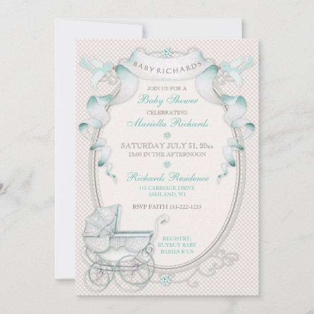Vintage Carriage Ivory Mint Gingham Birds Invitation (Front)