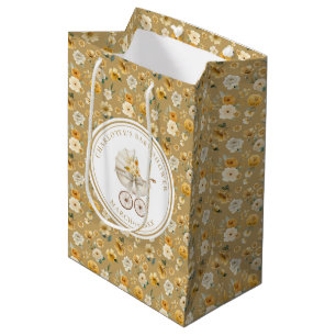 Vintage Carriage Mustard Floral Baby Shower Medium Gift Bag