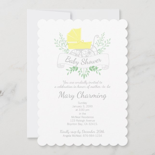 vintage carriage neutral BABY SHOWER yellow pram Invitation (Front)