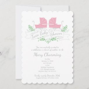 vintage carriage twin BABY SHOWER pink pram Invitation