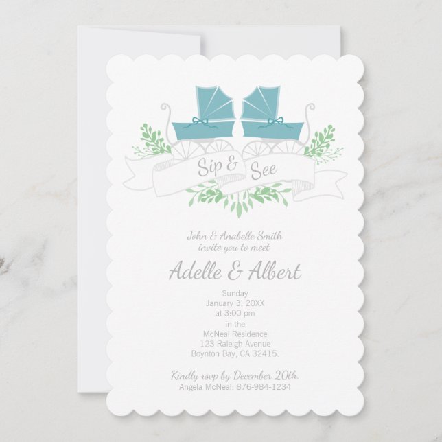 vintage carriage twins SIP & SEE blue pram Invitation (Front)