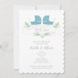 vintage carriage twins SIP & SEE blue pram Invitation
