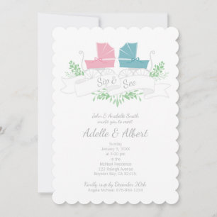 vintage carriage twins SIP & SEE pink blue pram Invitation