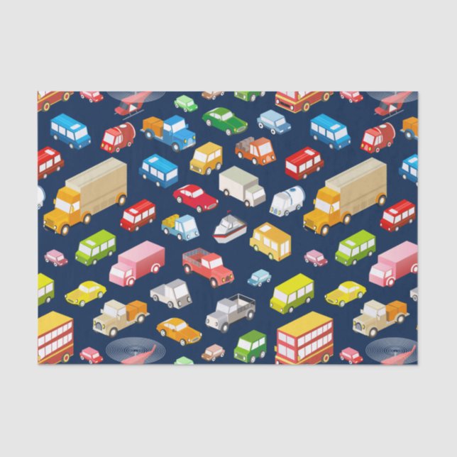 Vintage Cars and Trucks Dark Blue  Tissue Paper (Front)