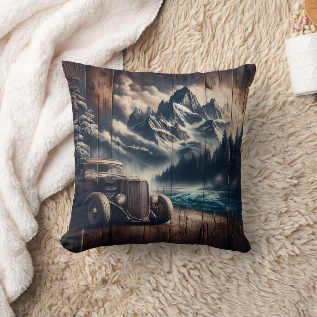 Vintage Cars by a Mountain River Landscape Cushion (Blanket)