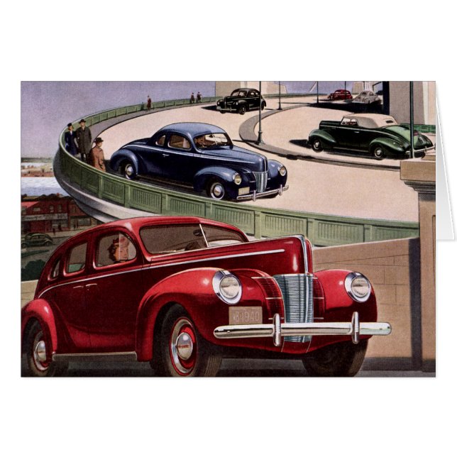 Vintage Cars, Classic Sedans Road Trip on Freeway (Front Horizontal)