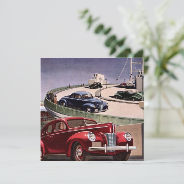 Vintage Cars, Classic Sedans Road Trip on Freeway (Standing Front)