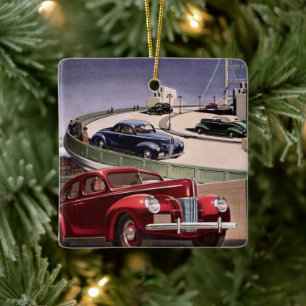 Vintage Cars, Classic Sedans Road Trip on Freeway Ceramic Tree Decoration