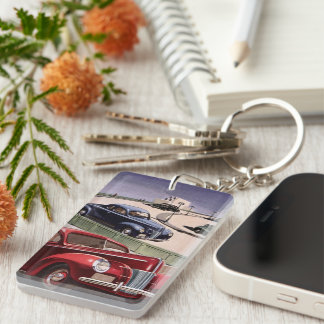 Vintage Cars, Classic Sedans Road Trip on Freeway Key Ring
