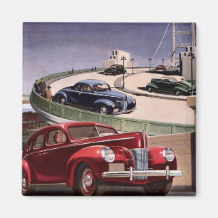 Vintage Cars, Classic Sedans Road Trip on Freeway Magnet