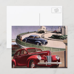 Vintage Cars, Classic Sedans Road Trip on Freeway Postcard