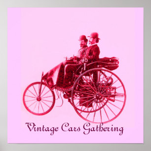 Vintage Cars Gathering ,pink fuchsia red violet Poster