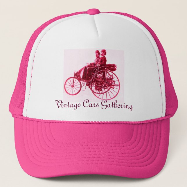 Vintage Cars Gathering , pink fuchsia Trucker Hat (Front)