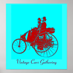 Vintage Cars Gathering , red blue urquase Poster