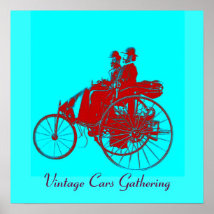Vintage Cars Gathering , red blue urquase Poster